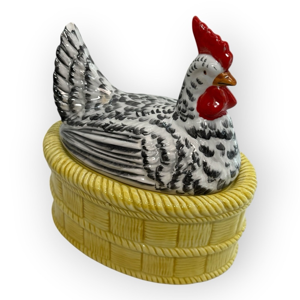 Hen on Nest Covered Dish Yellow Basket Base Hand Painted Chicken HON Vintage